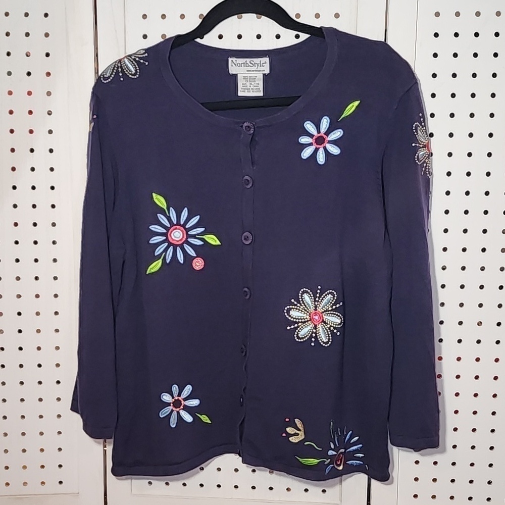 North Style size XL Deep Purple Cardigan Embroidered Cottage-core Vintage Bright